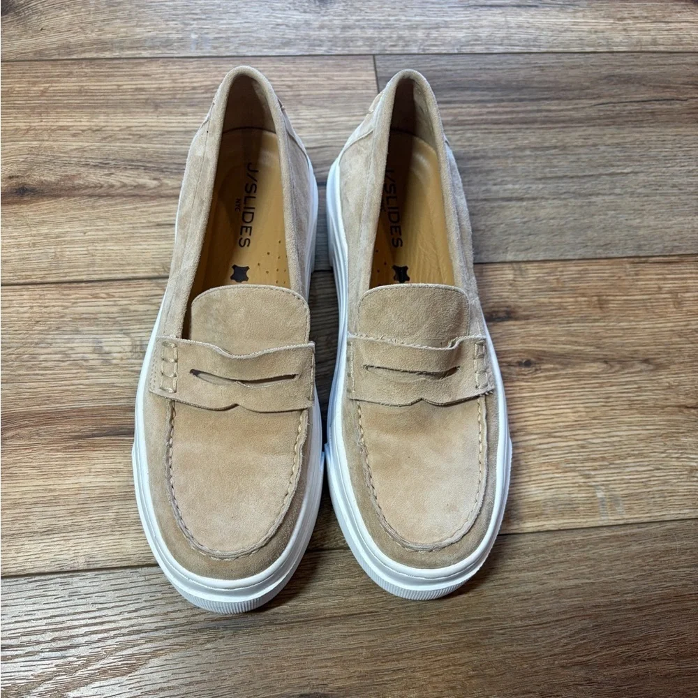 J/Slides AVA platform penny loafers in a light sand suede